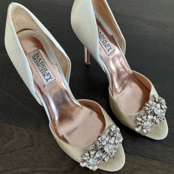 Badgley Mischka Shoes - Badgley Mischka Giana Ivory Satin Crystal-Embellished Peep-Toe Heels